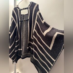 Elan Black and Cream Knit Poncho with hoodie and Buckle details